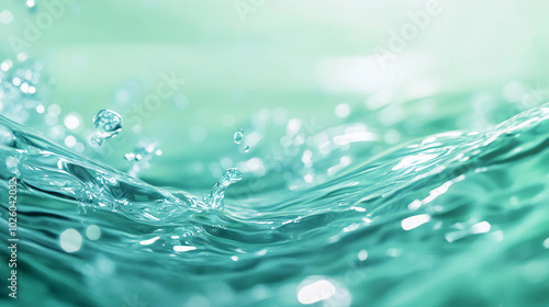 Crystal Clear Water Splash with Soft Ripples and Bokeh Light Reflections in Turquoise Background