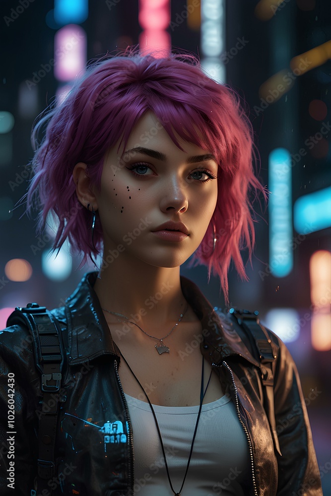 Fototapeta premium Cyberpunk City Dream: Anime Girl with Neon Hair
