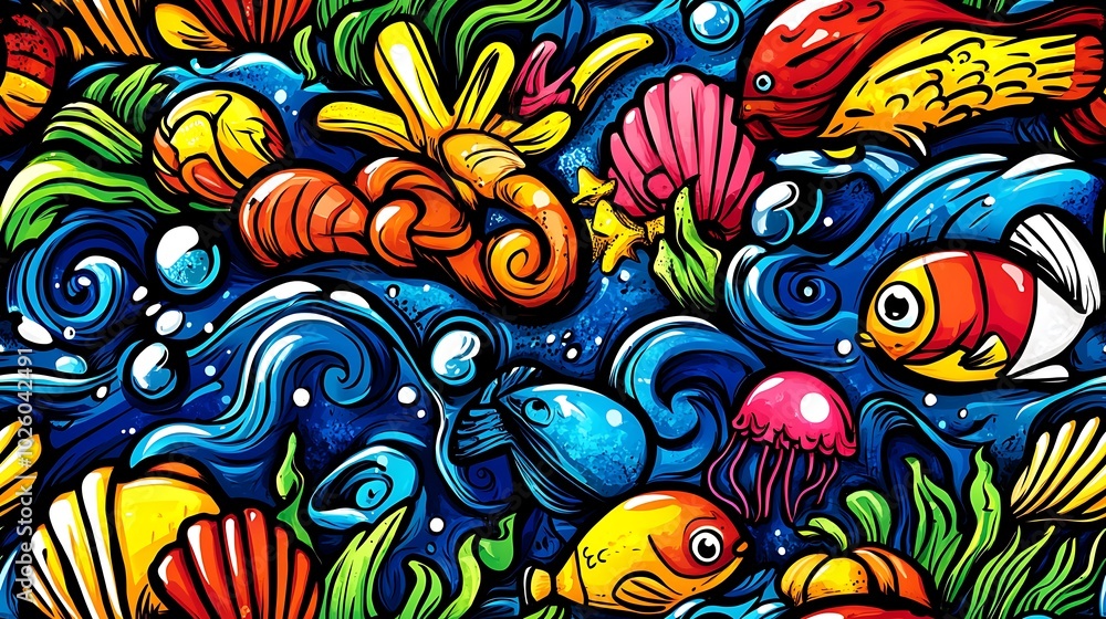 Fototapeta premium A vibrant ocean wonders doodle pattern featuring colorful fish, shells, and sea urchins, with jellyfish and seaweed swaying in the current, surrounded by swirling bubbles and waves,
