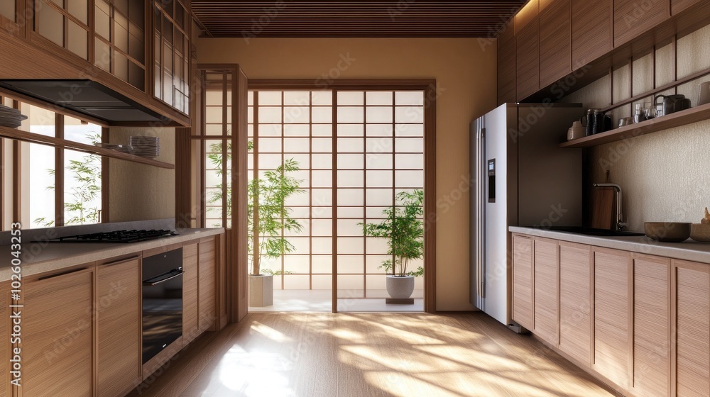 An elegant kitchen with Japanese sliding doors An elegant kitchen with Japanese sliding doors