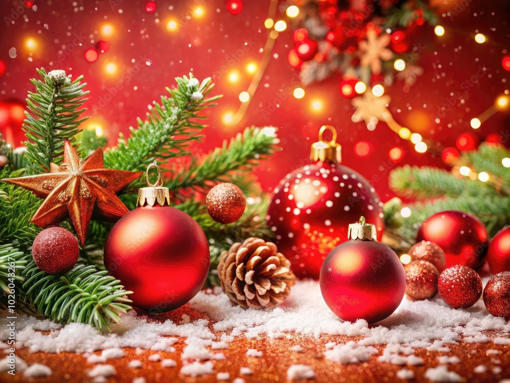 Obraz premium Embrace the festive season with a stunning red background filled with delightful decorations and whimsical snowflakes, wishing you a Merry Christmas and a spectacular New Year!