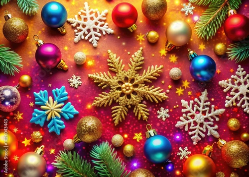 Embrace the holiday spirit with a cheerful Christmas and New Year background, filled with sparkling snowflakes, festive ornaments, and delightful decorations evoking warmth and happiness.
