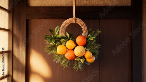 A traditional Shimekazari hangs above a doorway inside a Japanese home, featuring a straw rope, pine, and citrus. photo