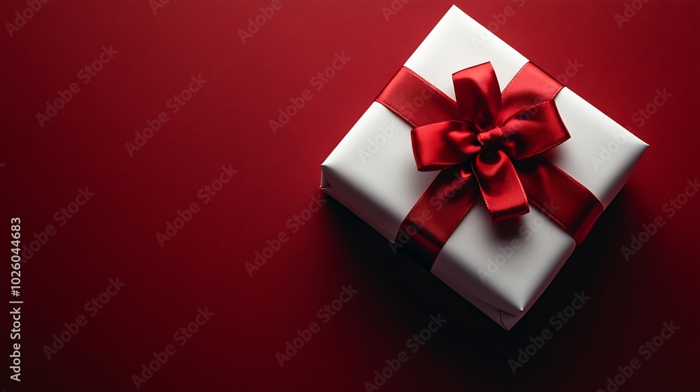 Elegant white gift box a red ribbon bow viewed from above set against a dark red background with subtle shadows Minimalistic and conceptual 3D rendering Elegant white gift box a red ribbon bow viewed from above set against a dark red background with subtle shadows Minimalistic and conceptual 3D rendering