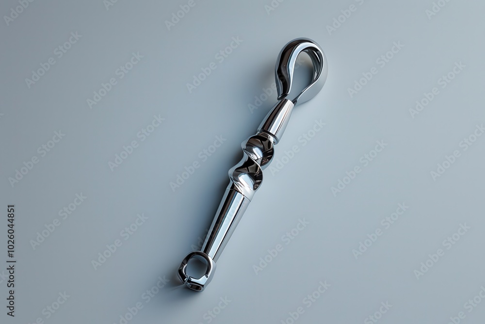 A detailed view of a metallic carabiner clip resting on a smooth surface in a well-lit environment
