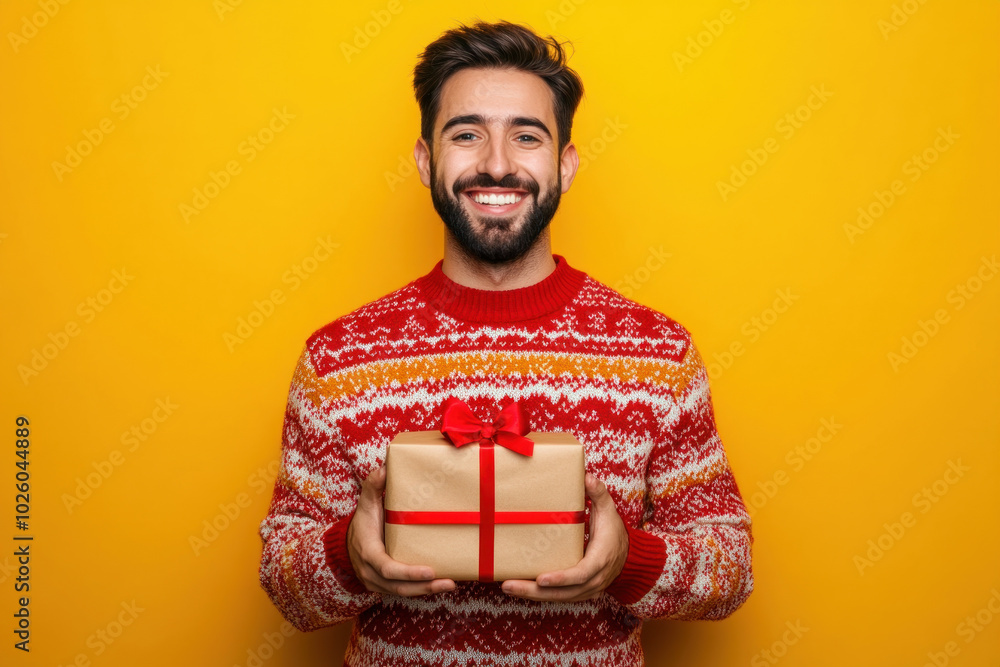 Man in Christmas sweater holds present box, joy in his eyes. Room with festive decorations, glowing tree in background. Man in Christmas sweater holds present box, joy in his eyes. Room with festive decorations, glowing tree in background.