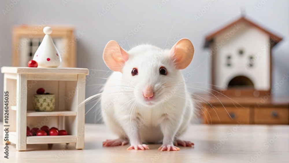Obraz premium White Dumbo Rat with Red Eyes in Dollhouse Furniture - Laboratory Rodent Photography