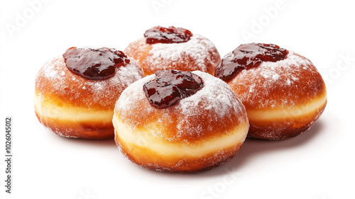 Delicious sufganiyot with powdered sugar and jam served for Hanukkah celebration