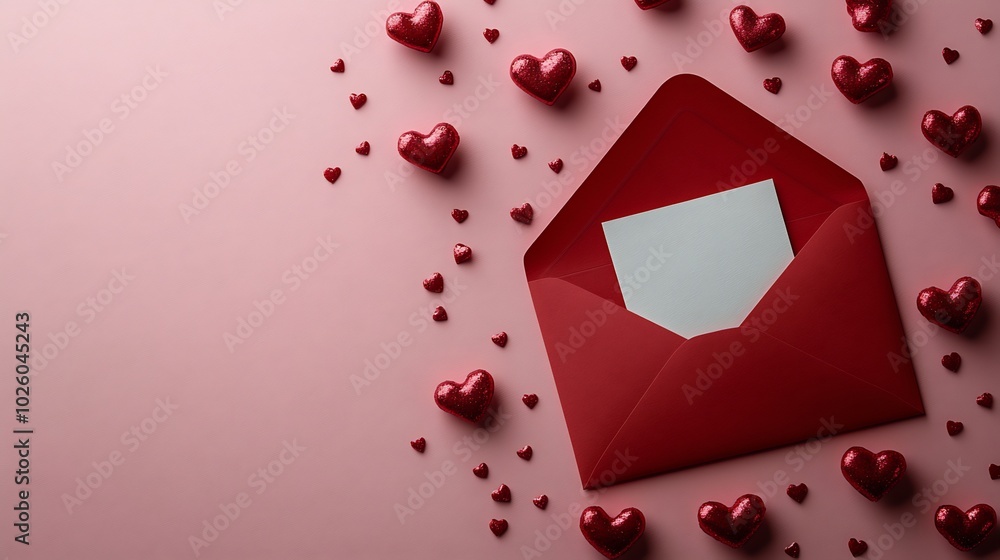 Flat lay of red envelope with a white note peeking out adorned with Valentines hearts on a soft pink background perfect for a romantic love letter concept Flat lay of red envelope with a white note peeking out adorned with Valentines hearts on a soft pink background perfect for a romantic love letter concept