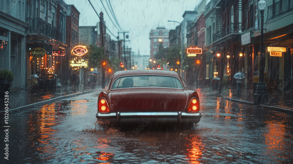 Fototapeta premium Classic red car driving through rainy streets in a vibrant urban setting at dusk