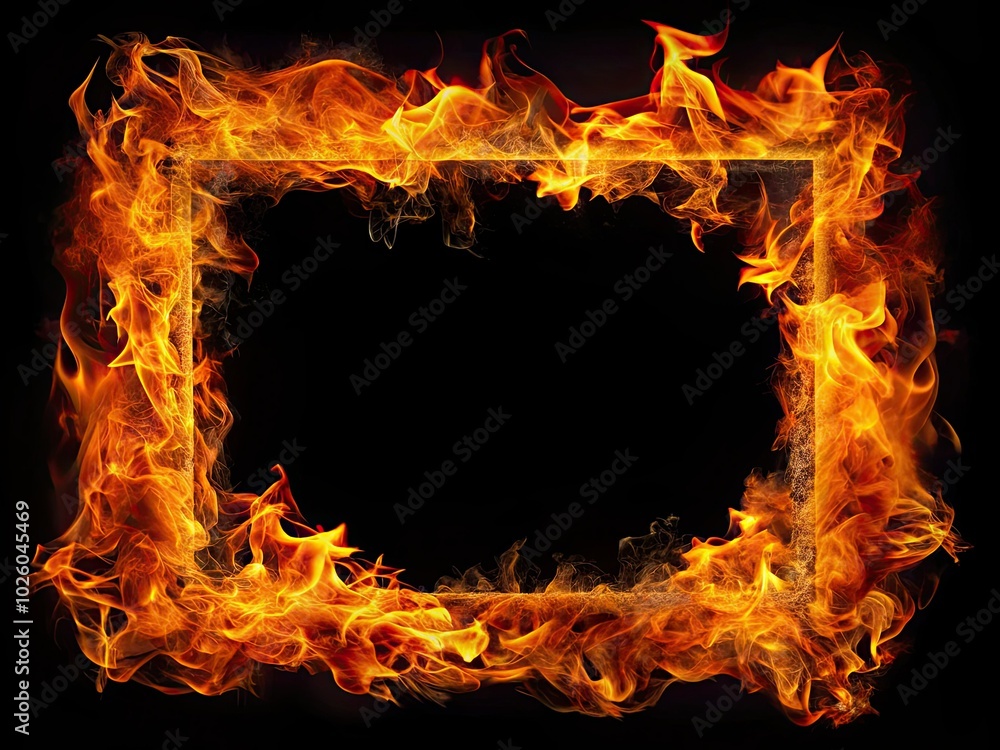 Enhance your artistic presentations with a dynamic fire frame on a rich black background, merging vibrant energy and abstract creativity for stunning visual effects.