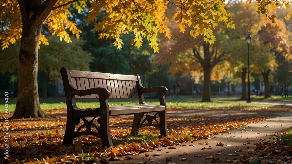 Lonely Bench in a Park Surrounded by Vibrant Autumn Leaves and Soft Sunlight Lonely Bench in a Park Surrounded by Vibrant Autumn Leaves and Soft Sunlight