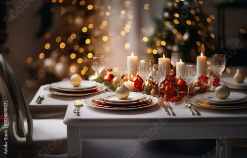 A beautifully set table with white plates, gold cutlery, and candles, decorated with red and gold baubles and greenery for a festive occasion. photo