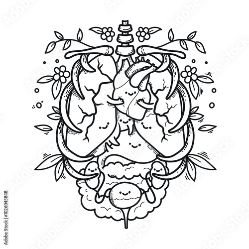 Cartoon human abdominal organs surrounded by flowers and leaves, symbolizing blooming health