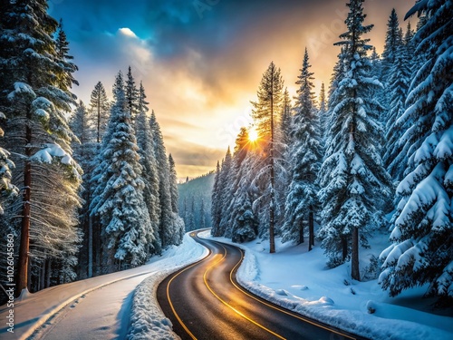 Winter Highway Curves in Pine Forest - Serene Snowy Road Landscape