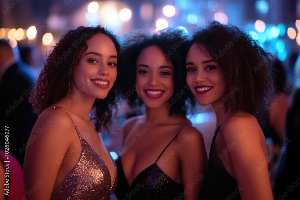 Three beautiful women in dresses at a cocktail party, the camera focuses on these women and blurs out the background Three beautiful women in dresses at a cocktail party, the camera focuses on these women and blurs out the background