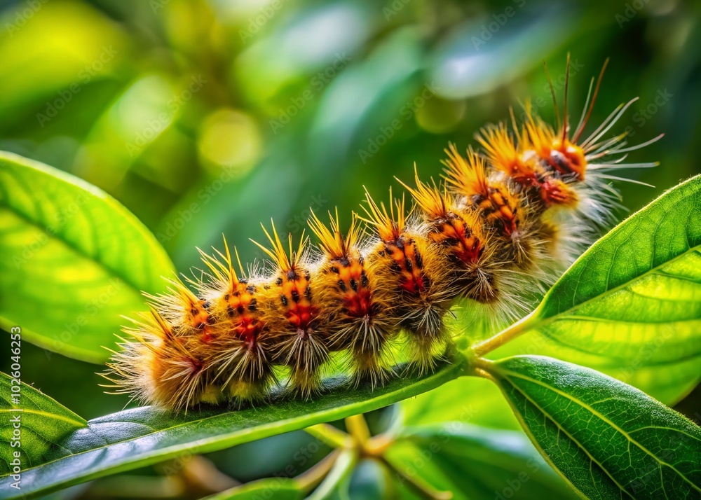 Woolly Caterpillar on Green Leaves in Florida Nature - Closeup Photography