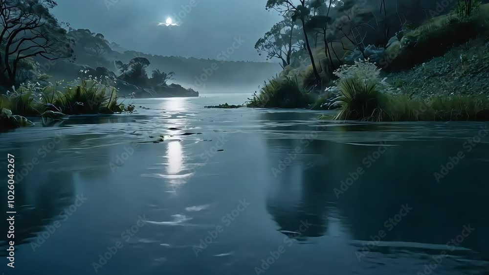 Blue Moon Estuary, view of smooth waters meeting the river with the sea, mist, glowing flora Blue Moon Estuary, view of smooth waters meeting the river with the sea, mist, glowing flora