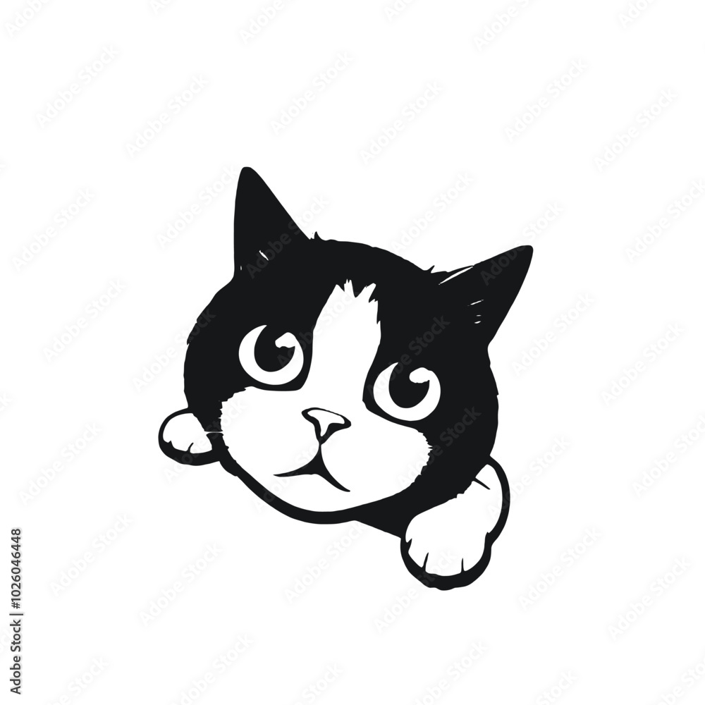 A black and white illustration of a curious cat peeking out from behind a surface, A black and white illustration of a curious cat peeking out from behind a surface,