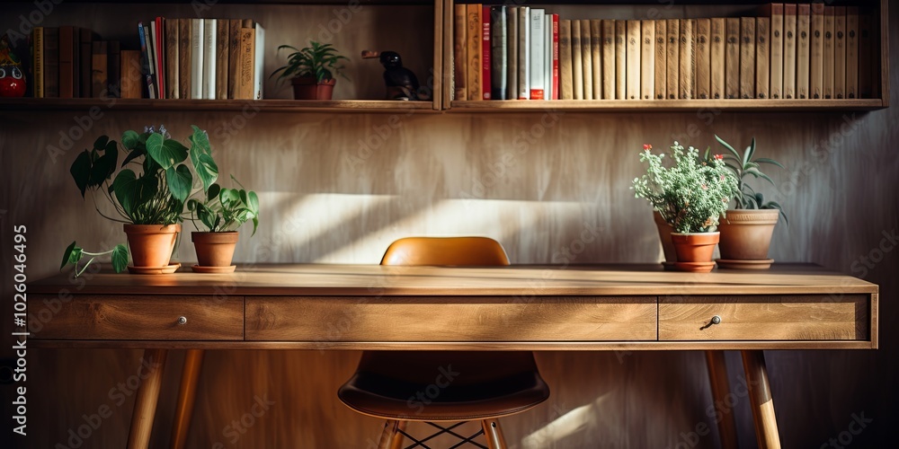 A wooden desk with two drawers, a potted plant, and a chair set against a wall with a bookshelf filled with books and another potted plant A wooden desk with two drawers, a potted plant, and a chair set against a wall with a bookshelf filled with books and another potted plant