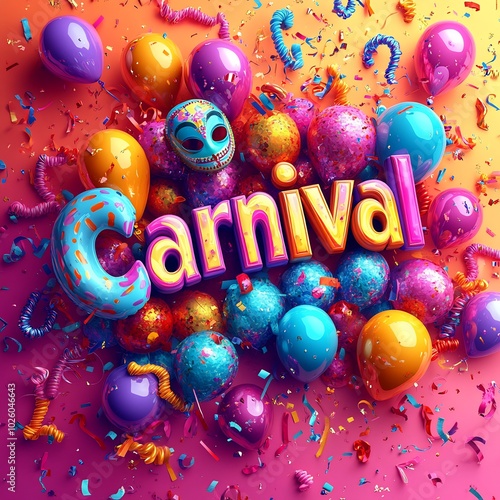 Colorful Carnival text large letters with multicolored balloons masks and swirling streamers on a vibrant gradient background designed to capture the fun and celebration of carnival posters photo