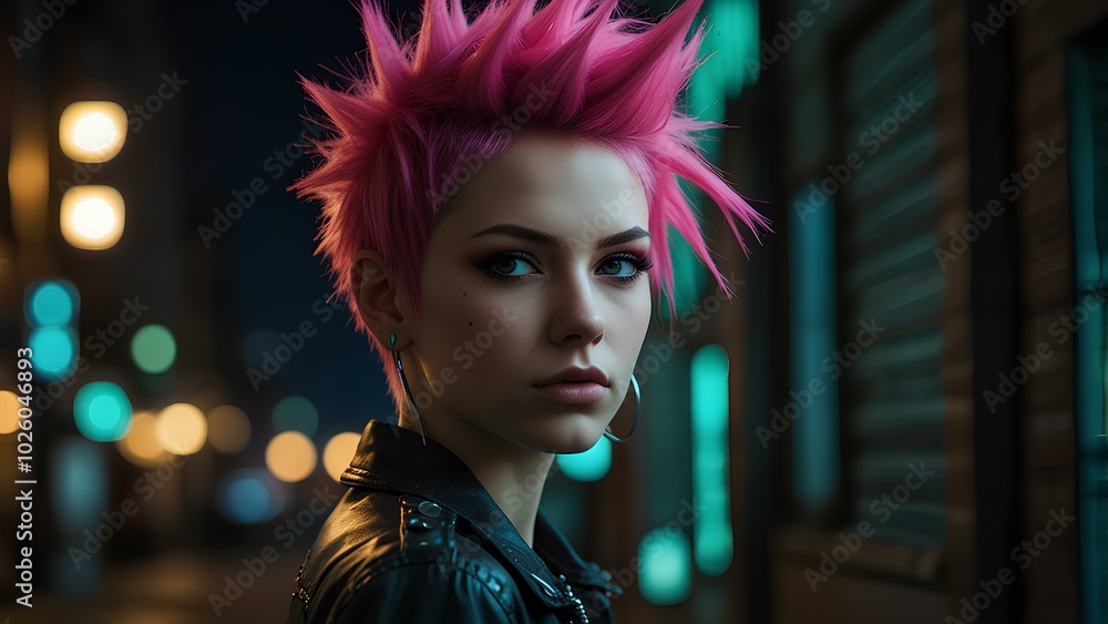 Edgy Punk Anime Girl with Neon Accents Under City Lights Edgy Punk Anime Girl with Neon Accents Under City Lights