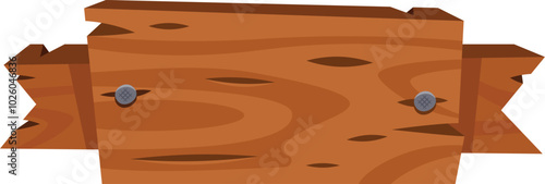 A handcrafted wooden sign displays a natural texture with a rustic appearance, featuring two metal nails prominently positioned on its surface, ideal for decor.