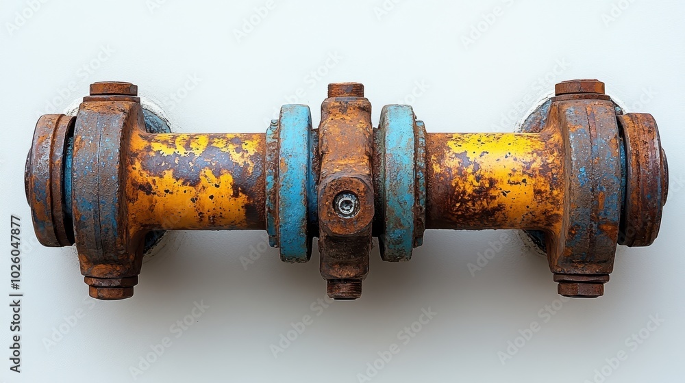 Rusty industrial pipe coupling with blue and yellow paint on a white background. Rusty industrial pipe coupling with blue and yellow paint on a white background.