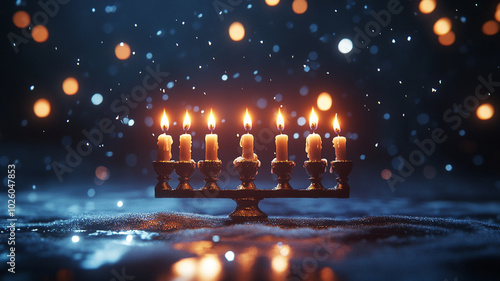 A beautifully lit menorah stands on a reflective surface during Hanukkah celebrations at night photo