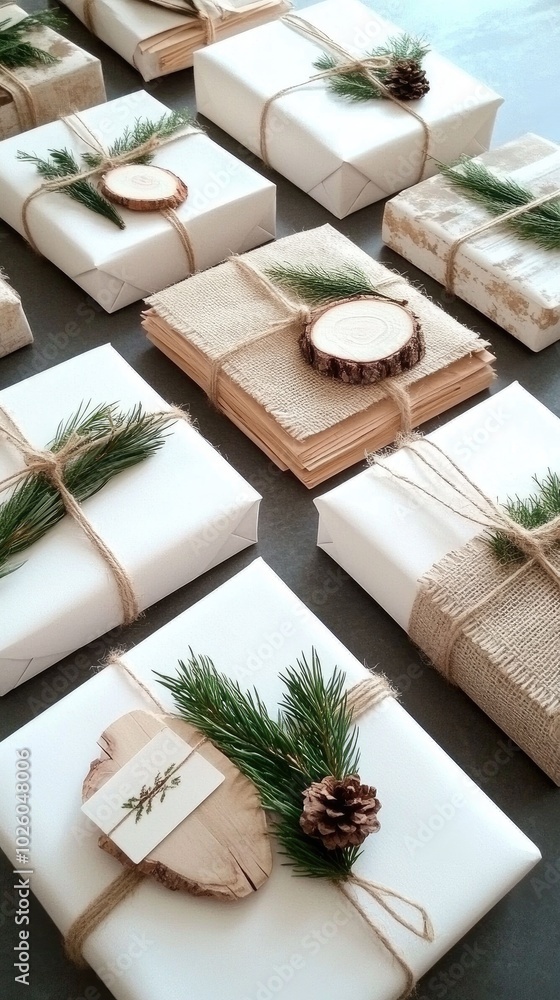 Three elegantly wrapped Christmas presents adorned with greenery, pinecones, and wood accents sit on a wooden table, enhancing the festive cheer in a cozy holiday atmosphere Three elegantly wrapped Christmas presents adorned with greenery, pinecones, and wood accents sit on a wooden table, enhancing the festive cheer in a cozy holiday atmosphere