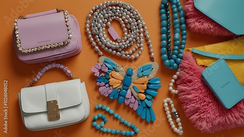 Colorful Y2K-Inspired Accessories Flatlay for a Nostalgic Fashion Vibe photo