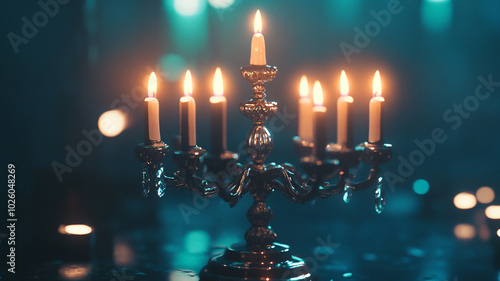 A beautifully lit menorah with candles shining brightly during Hanukkah celebrations photo