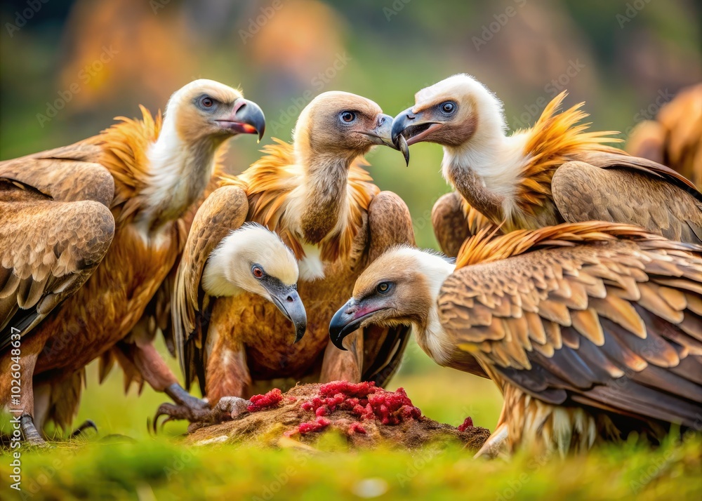 European Griffon Vultures gather around carrion, exemplifying nature’s efficient scavengers, playing a vital role in the ecosystem by cleaning up the environment. European Griffon Vultures gather around carrion, exemplifying nature’s efficient scavengers, playing a vital role in the ecosystem by cleaning up the environment.