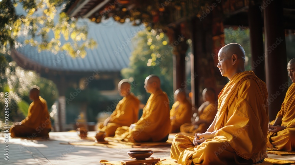 A serene Buddhist ceremony with monks chanting and meditating, focused on mindfulness and spiritual growth. A serene Buddhist ceremony with monks chanting and meditating, focused on mindfulness and spiritual growth.