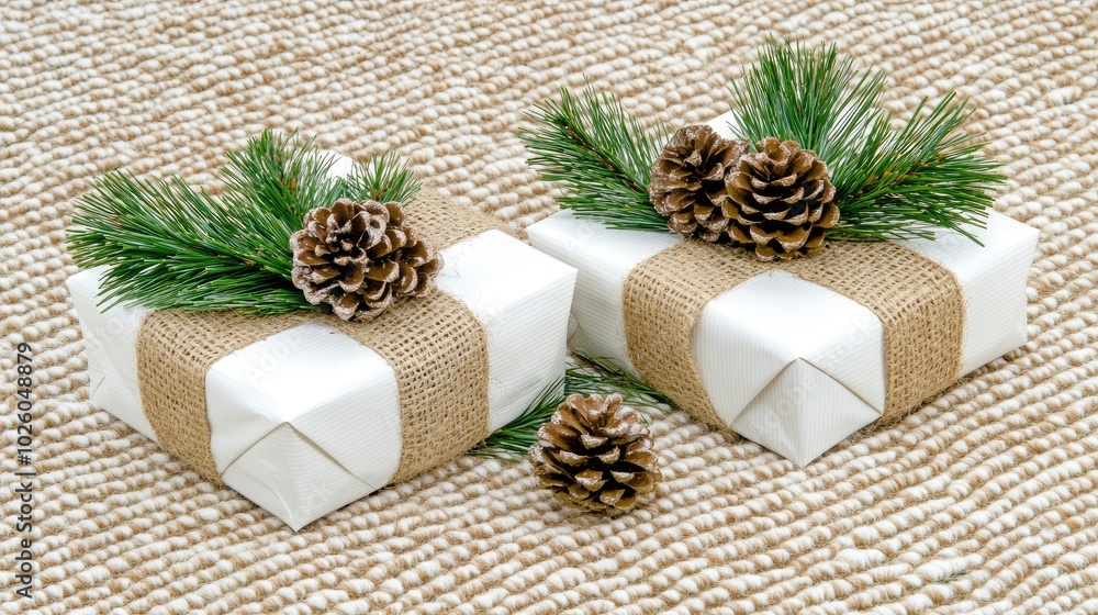 Three elegantly wrapped Christmas presents adorned with greenery, pinecones, and wood accents sit on a wooden table, enhancing the festive cheer in a cozy holiday atmosphere Three elegantly wrapped Christmas presents adorned with greenery, pinecones, and wood accents sit on a wooden table, enhancing the festive cheer in a cozy holiday atmosphere