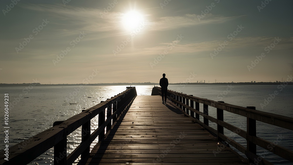 Lone Silhouette on an Empty Bridge at Dusk Lone Silhouette on an Empty Bridge at Dusk