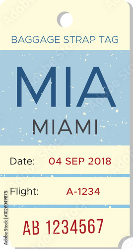This baggage strap tag indicates travel from Miami International Airport on September 4, 2018, for flight A-1234, with a noticeable design.