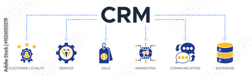 CRM banner web icon vector illustration concept for customer relationship management with icons of customer loyalty, service, sale, marketing, communication, and database