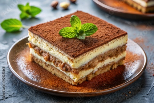 Experience a rich tiramisu, beautifully presented and sprinkled with cocoa powderâ€”a deliciously indulgent dessert that's sure to please all sweet treat aficionados.