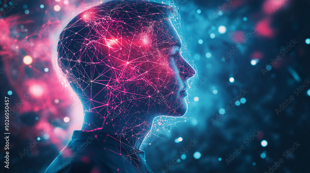 A man's face is shown in a blue and red background with a lot of lines and dots. The image is abstract and seems to be about the brain and its connections. Scene is somewhat mysterious A man's face is shown in a blue and red background with a lot of lines and dots. The image is abstract and seems to be about the brain and its connections. Scene is somewhat mysterious