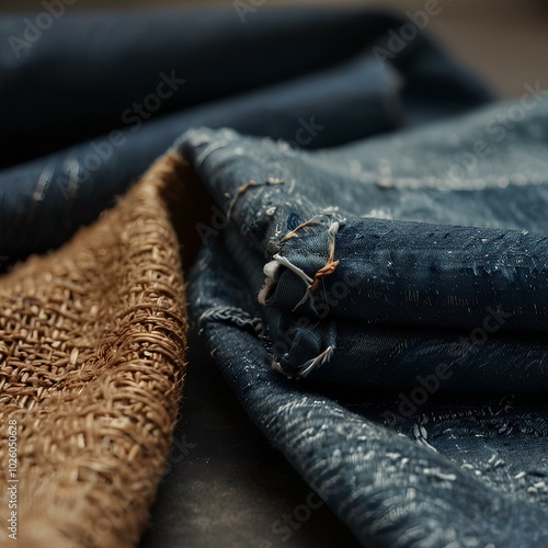 Close-Up of Sustainable Fashion Fabrics: Organic Cotton and Recycled Denim photo