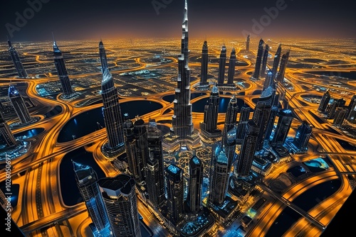 Dubai skyline at sunset with traffic - aerial view, United Arab Emirates photo