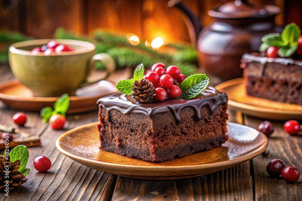Experience bliss with a luscious chocolate cake, elegantly presented on a cozy table, where the warmth of the setting enhances every bite of indulgence. Experience bliss with a luscious chocolate cake, elegantly presented on a cozy table, where the warmth of the setting enhances every bite of indulgence.