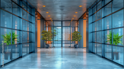 Contemporary Glass Corridor with Potted Plants and Modern Lighting..