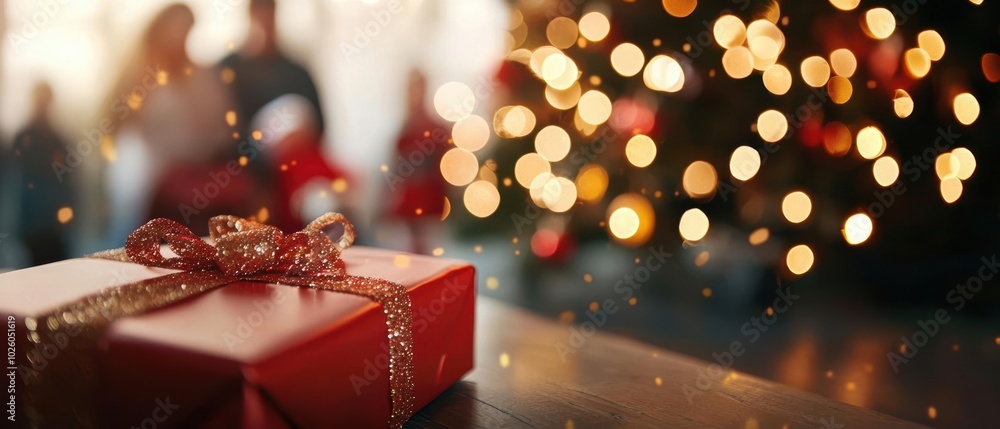 A beautifully wrapped Christmas gift in front of a festive tree, sparkling lights create a warm holiday atmosphere. A beautifully wrapped Christmas gift in front of a festive tree, sparkling lights create a warm holiday atmosphere.
