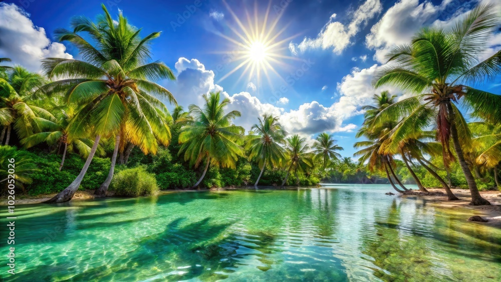 Experience the bliss of a Caribbean paradise where clear blue waters meet lush palm trees, all illuminated by bright sunlight in a truly dreamy retreat. Experience the bliss of a Caribbean paradise where clear blue waters meet lush palm trees, all illuminated by bright sunlight in a truly dreamy retreat.