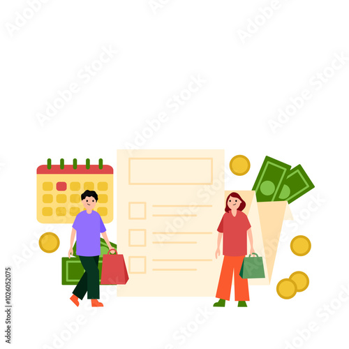 Buying in installments on credit. Buyers. Woman and man with shopping bags and packages.  Simple flat vector illustration.  