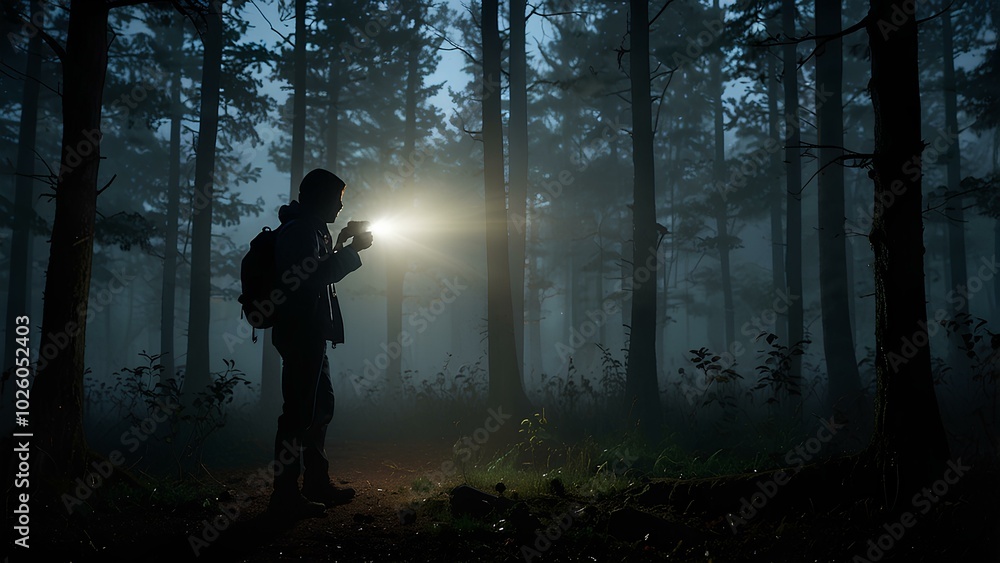 Mysterious Figure Holding Flashlight in Misty Woods Mysterious Figure Holding Flashlight in Misty Woods
