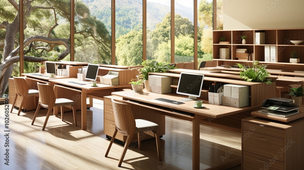 Natural light fills a modern office with wooden desks, chairs, and file cabinets, offering a serene and inspiring work environment. Natural light fills a modern office with wooden desks, chairs, and file cabinets, offering a serene and inspiring work environment.