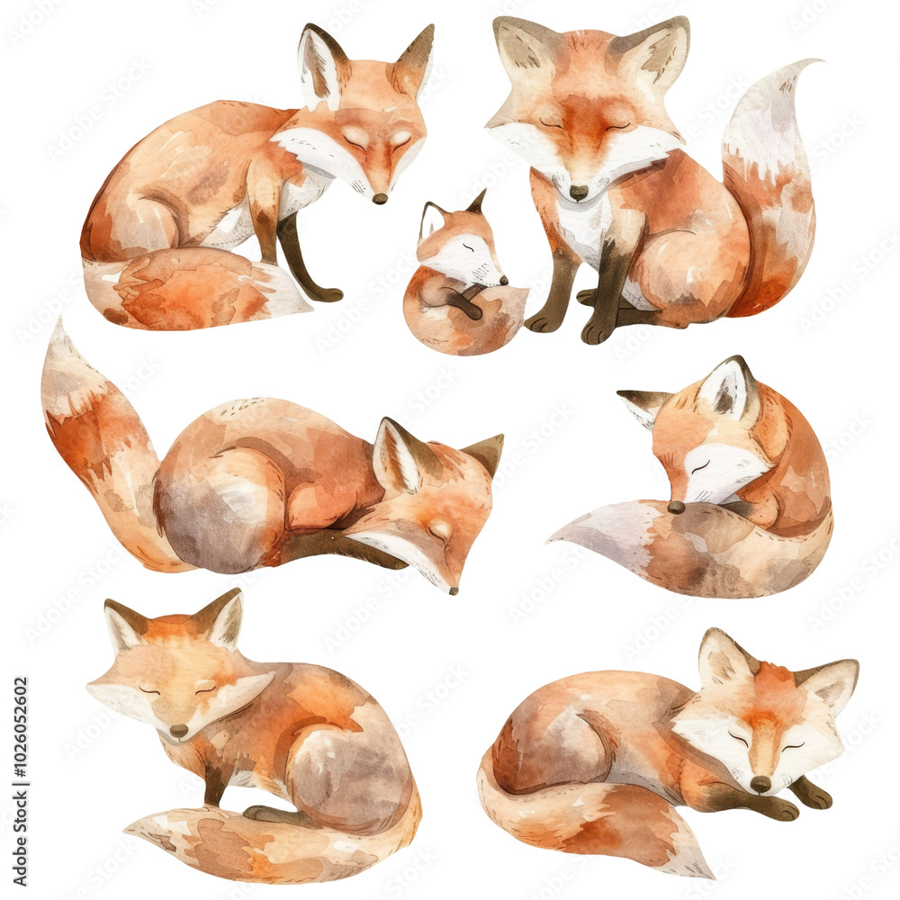 Painted Foxes Set Isolated on Transparent Background, Wild Animal Illustration Collection Painted Foxes Set Isolated on Transparent Background, Wild Animal Illustration Collection